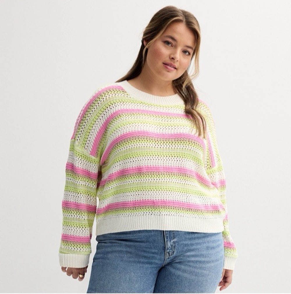 SO Long Sleeve Pullover Sweater Junior's Plus Size 1X Lime Stripe Combo